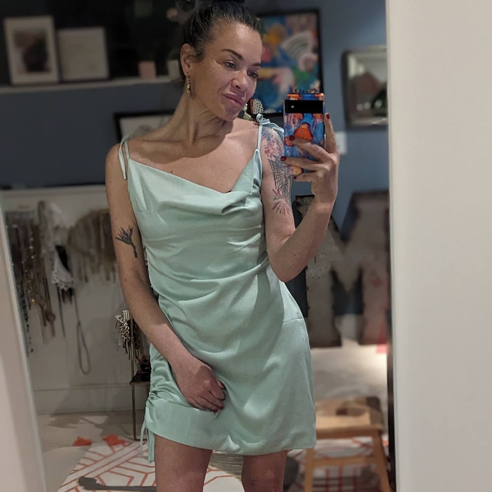 Wilfred Only Ruched Mini Slip Dress Cowl Neck Satin Side Drawstring Mint Sz M - Picture 8 of 13